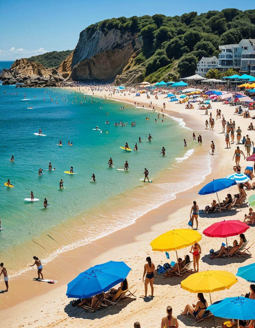 A vibrant beach scene showcasing a diverse group of people enjoying summer activities, wearing stylish bikinis and trendy activewear. The background features a clear blue sky, golden sand, and a shimmering ocean, with beach umbrellas and surfboards scattered around. Add elements of adventure such as paddleboarding and beach volleyball. Capture a sense of joy and summer fun. super-realistic. vibrant colors. bright and sunny atmosphere.
